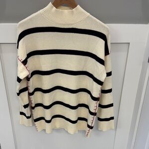 JohnPaulRichard Cream and Black Striped Sweater with Pink Stitch Detail